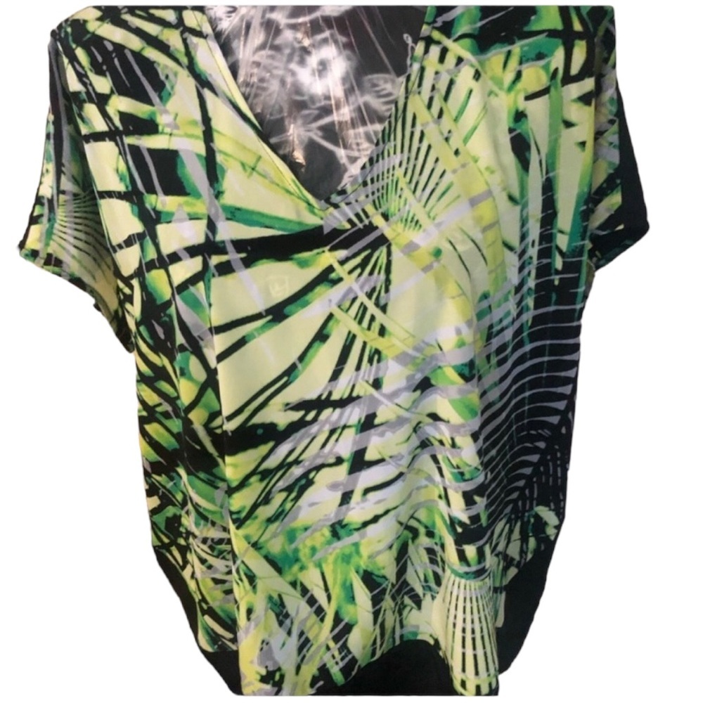 Dana Buchman  X-Large green & black print silky oversized V-Neck top NWT
